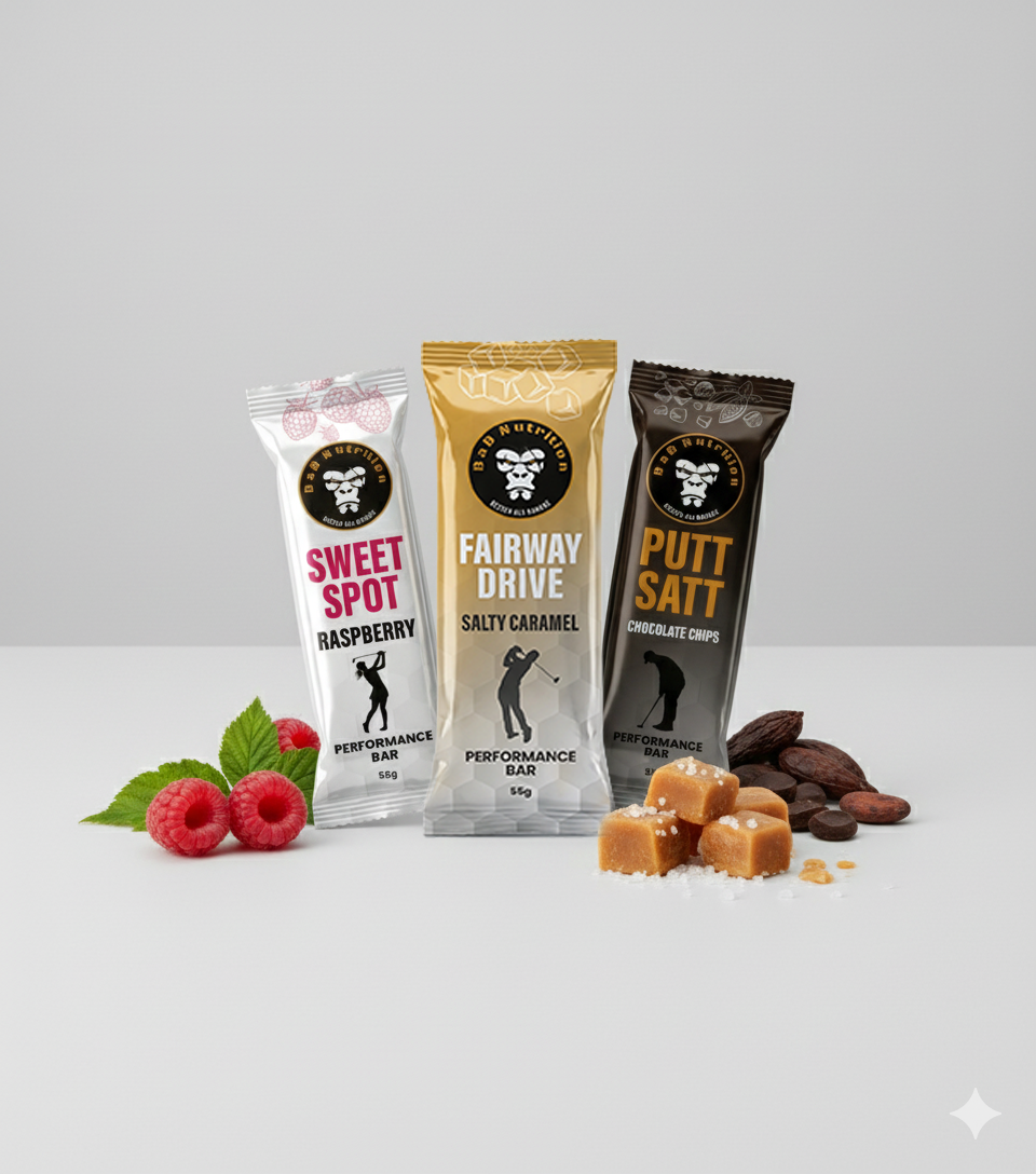 BaB Nutrition High Protein Bars – Set mit 3 Sorten: Cookies, Raspberry und Salty Caramel. Hochwertige Proteinriegel, perfekt als Snack für Golfer und Sportler.